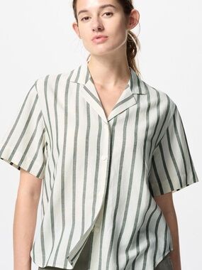 Uniqlo Linen Blend Open Collar Button Front Shirt Olive Stripe Size M